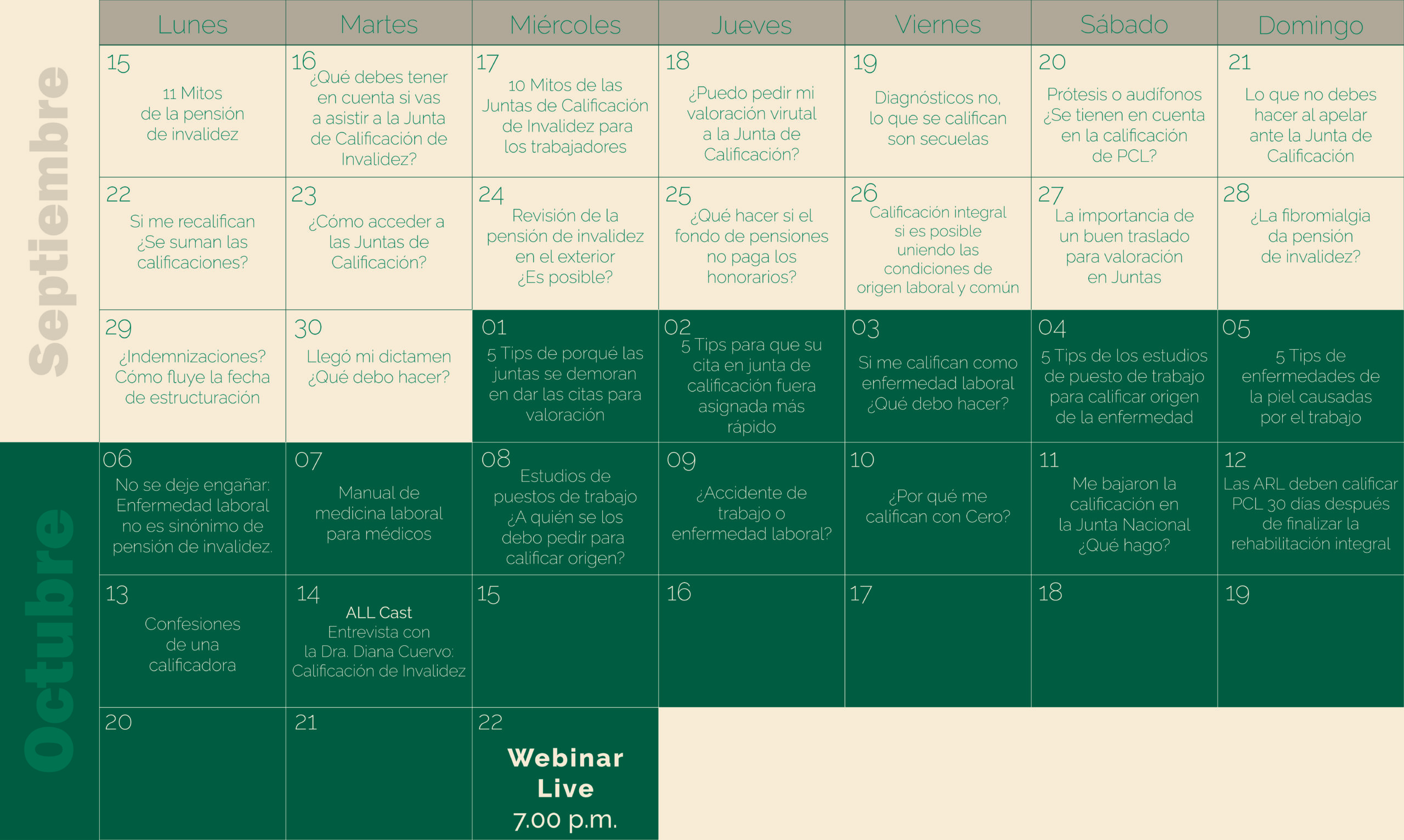 Cronograma del curso de salud laboral: calendario temático para septiembre y octubre de 2025.